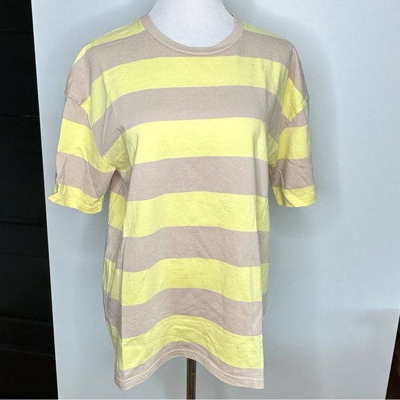 ZARA YELLOW‎ AND BEIGE HORIZONTAL STRIPE OVERSIZED TSHIRT SIZE LARGE - Picture 1 of 5